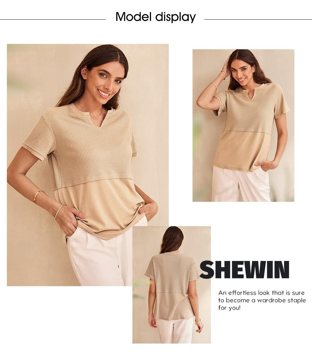 Women's Summer Waffle Knit Top - Casual V-Neck Short Sleeve Shirt Loose Fit