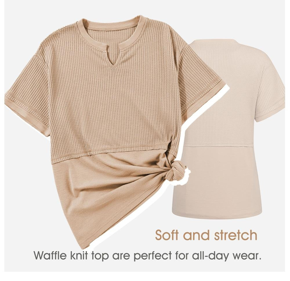 Women's Summer Waffle Knit Top - Casual V-Neck Short Sleeve Shirt Loose Fit