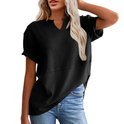 Women's Summer Waffle Knit Top - Casual V-Neck Short Sleeve Shirt Loose Fit
