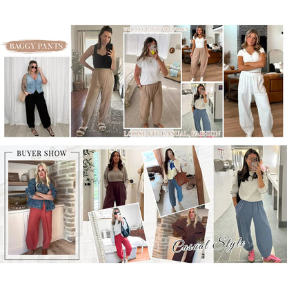 Women’s High-Waist Smocked Harem Pants – Lightweight Relaxed Fit with Pockets