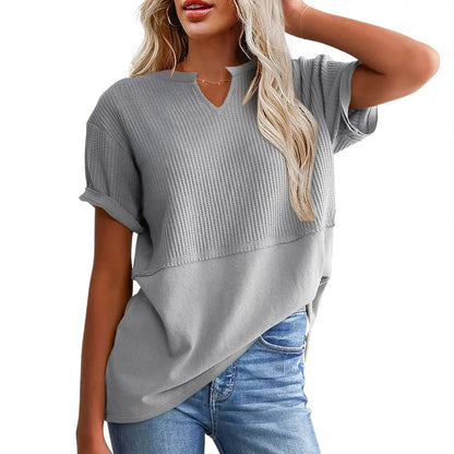 Women's Summer Waffle Knit Top - Casual V-Neck Short Sleeve Shirt Loose Fit