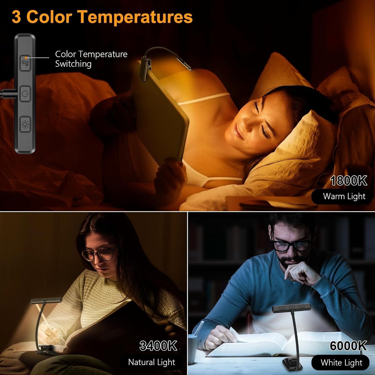 Dual-Head Rechargeable Reading Light – 15 Brightness Modes & Wide Clip