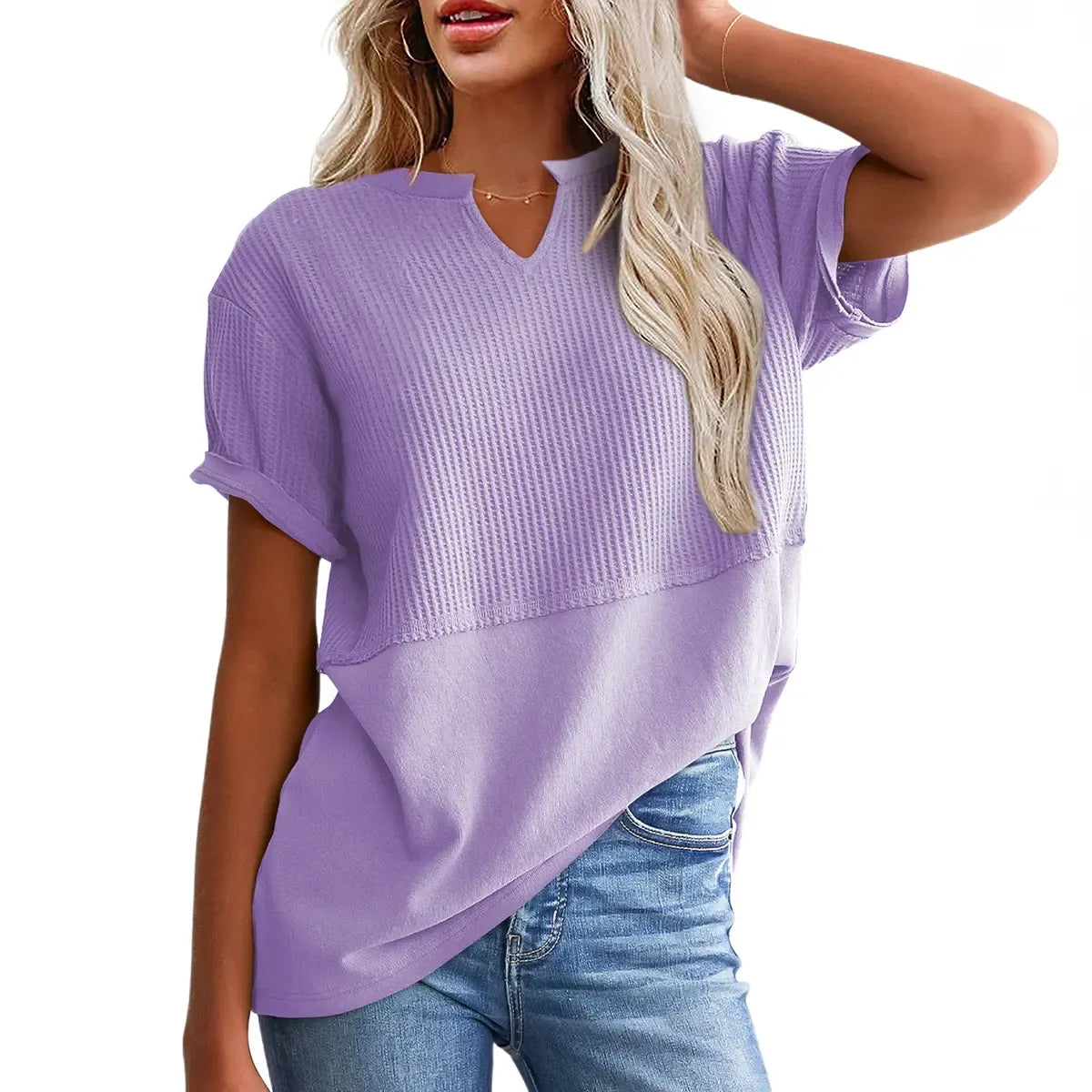 Women's Summer Waffle Knit Top - Casual V-Neck Short Sleeve Shirt Loose Fit