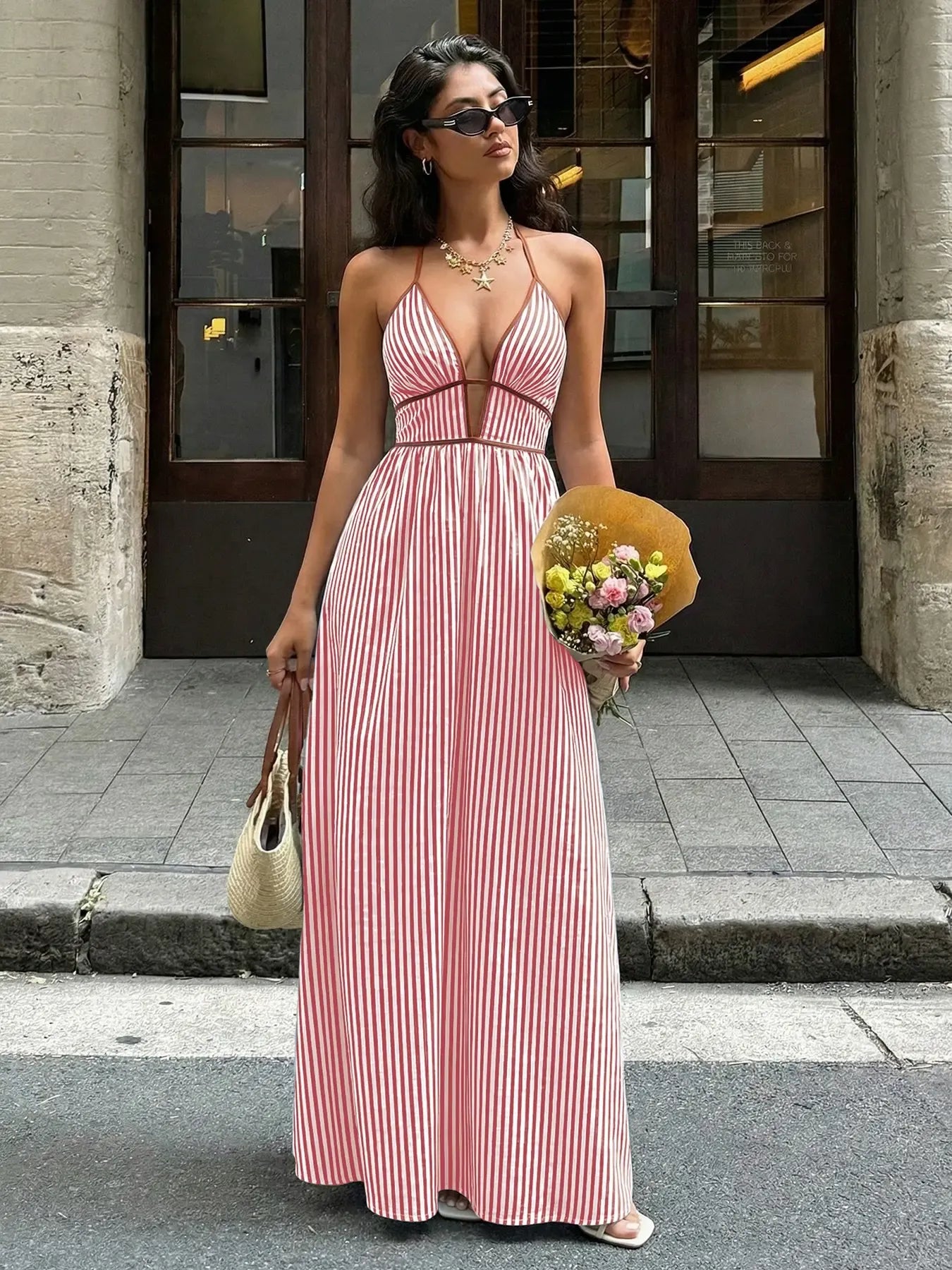 Instant Slimming Striped Maxi Dress – Elegant Deep V-Neck Halter Resort Dress