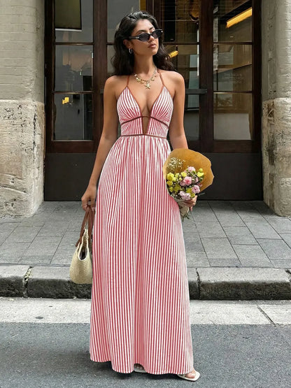 Instant Slimming Striped Maxi Dress – Elegant Deep V-Neck Halter Resort Dress