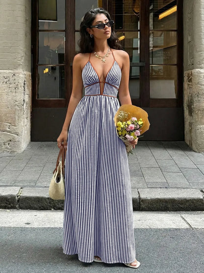 Instant Slimming Striped Maxi Dress – Elegant Deep V-Neck Halter Resort Dress