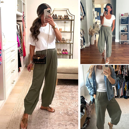Women’s High-Waist Smocked Harem Pants – Lightweight Relaxed Fit with Pockets