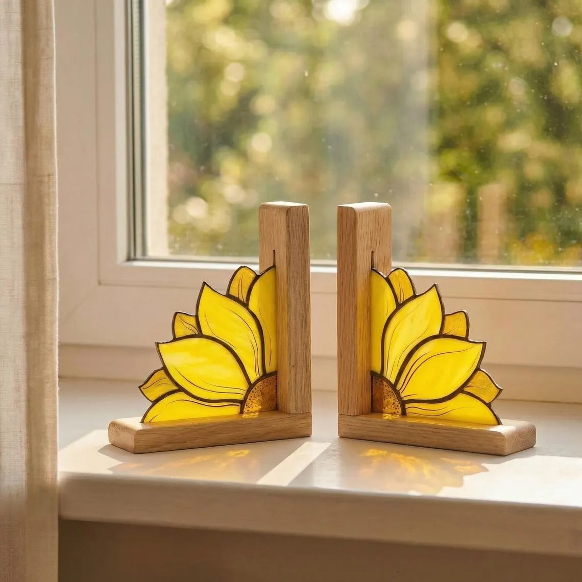 Handcrafted Sunflower Stained Glass Bookend with Premium Oak Base