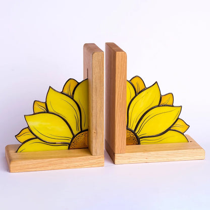 Handcrafted Sunflower Stained Glass Bookend with Premium Oak Base