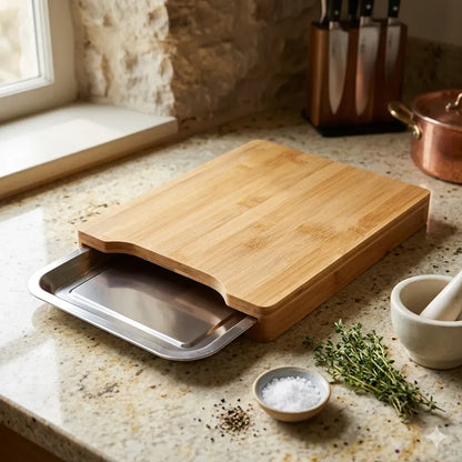 Bamboo Cutting Board with Sliding Stainless Steel Tray – Mess-Free Prep & Serving Board