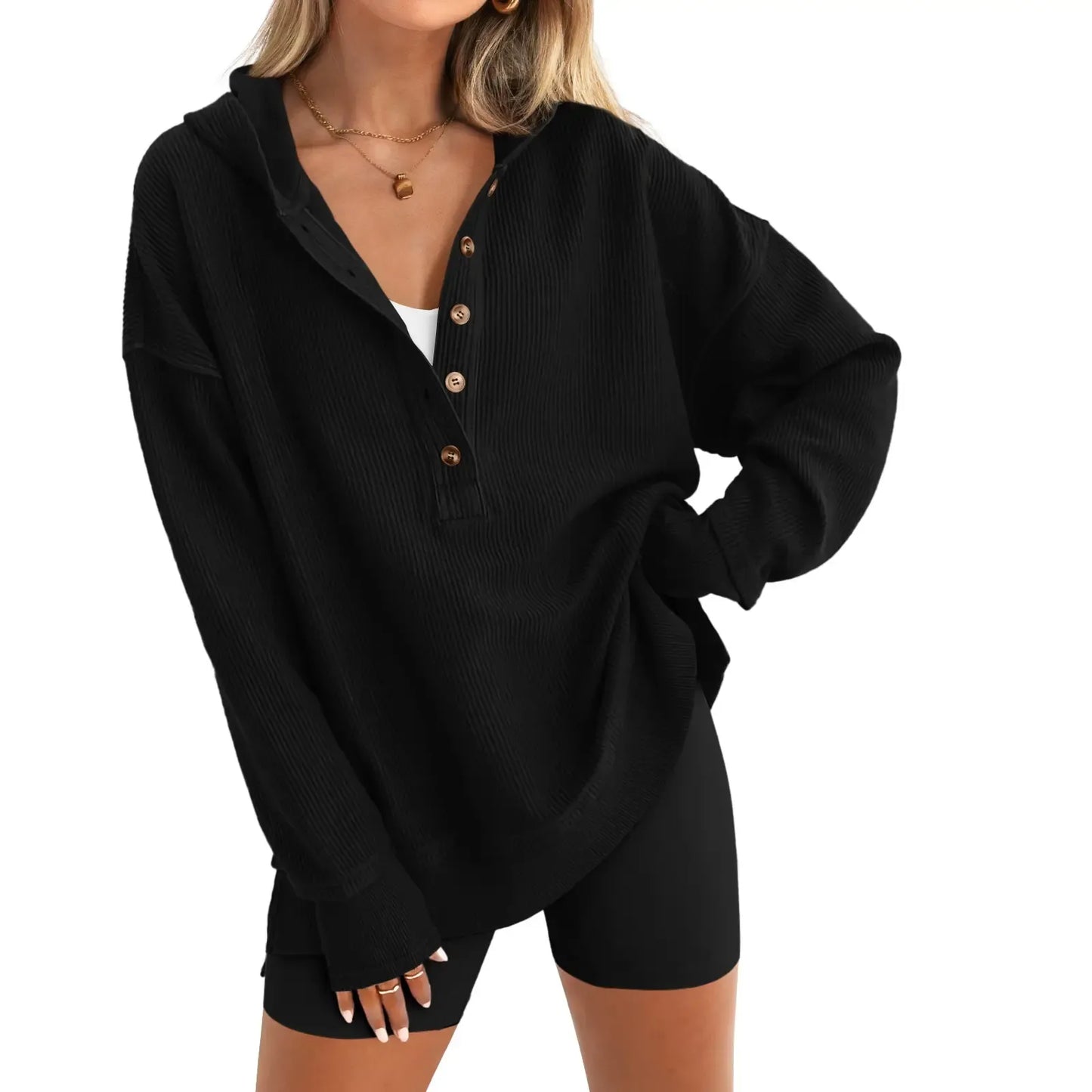 Women's V-Neck Button Lightweight Casual Hoodie