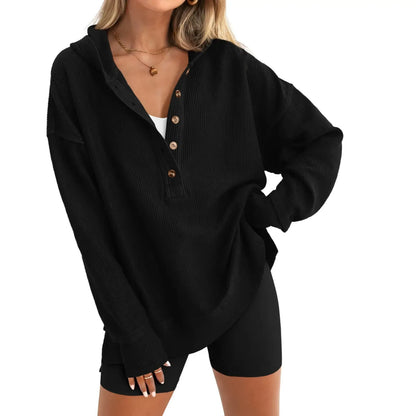 Women's V-Neck Button Lightweight Casual Hoodie