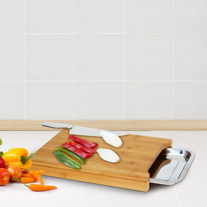 Bamboo Cutting Board with Sliding Stainless Steel Tray – Mess-Free Prep & Serving Board