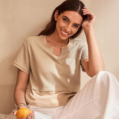 Women's Summer Waffle Knit Top - Casual V-Neck Short Sleeve Shirt Loose Fit