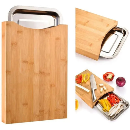 Bamboo Cutting Board with Sliding Stainless Steel Tray – Mess-Free Prep & Serving Board