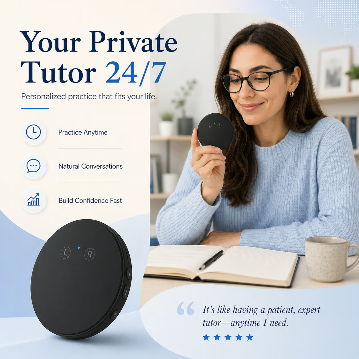 Wearable 108-Language Two-Way Voice Translator with AI Language Tutor