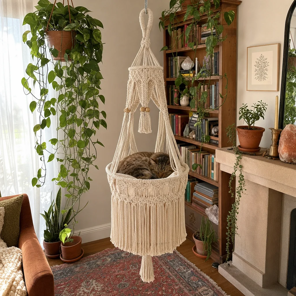 Handwoven Macramé Hanging Cat Bed for Cozy Elevated Lounging