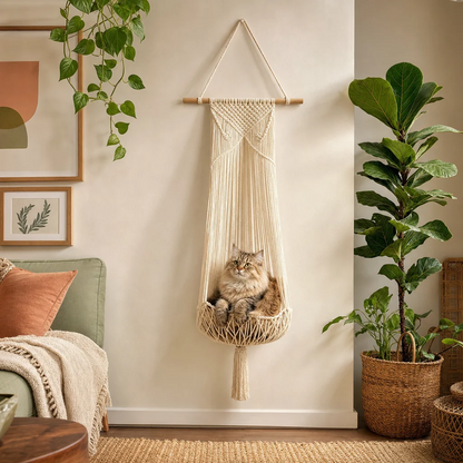 Handwoven Macramé Hanging Cat Bed for Cozy Elevated Lounging