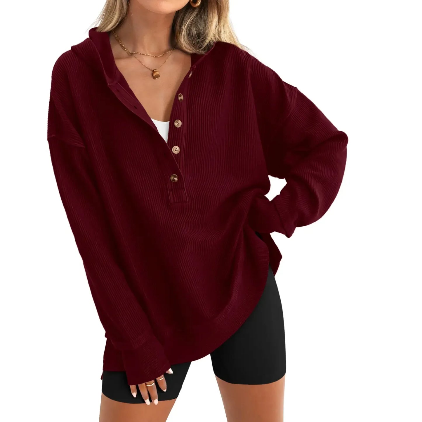 Women's V-Neck Button Lightweight Casual Hoodie