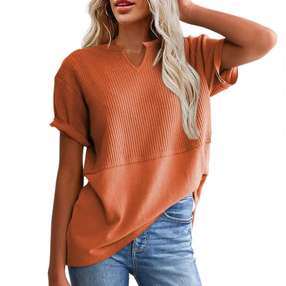 Women's Summer Waffle Knit Top - Casual V-Neck Short Sleeve Shirt Loose Fit