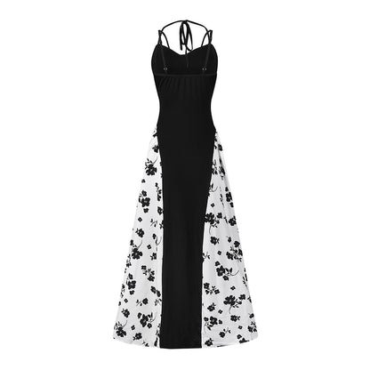 Women’s Viral Black & White Floral Maxi Dress – Elegant Spaghetti Strap Summer Dress
