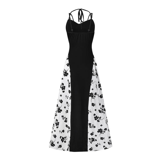 Women’s Viral Black & White Floral Maxi Dress – Elegant Spaghetti Strap Summer Dress