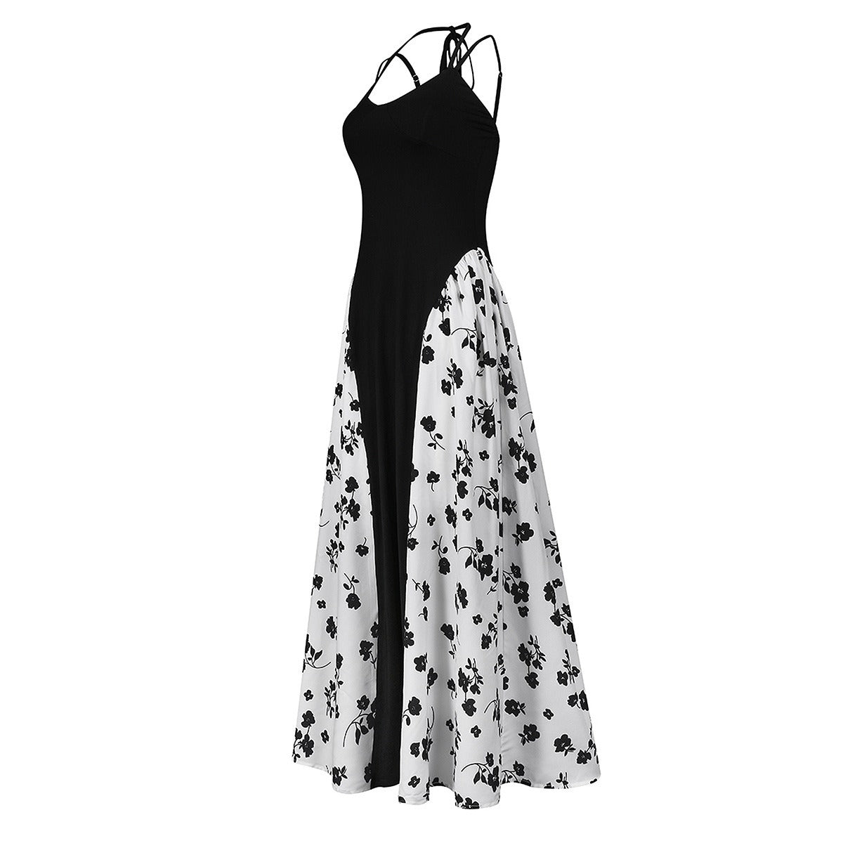Women’s Viral Black & White Floral Maxi Dress – Elegant Spaghetti Strap Summer Dress