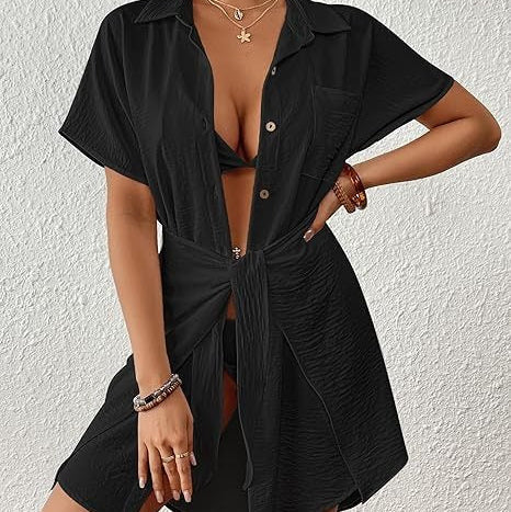 Chic Tummy-Control Swim Cover-Up Dress with Adjustable Waist Tie