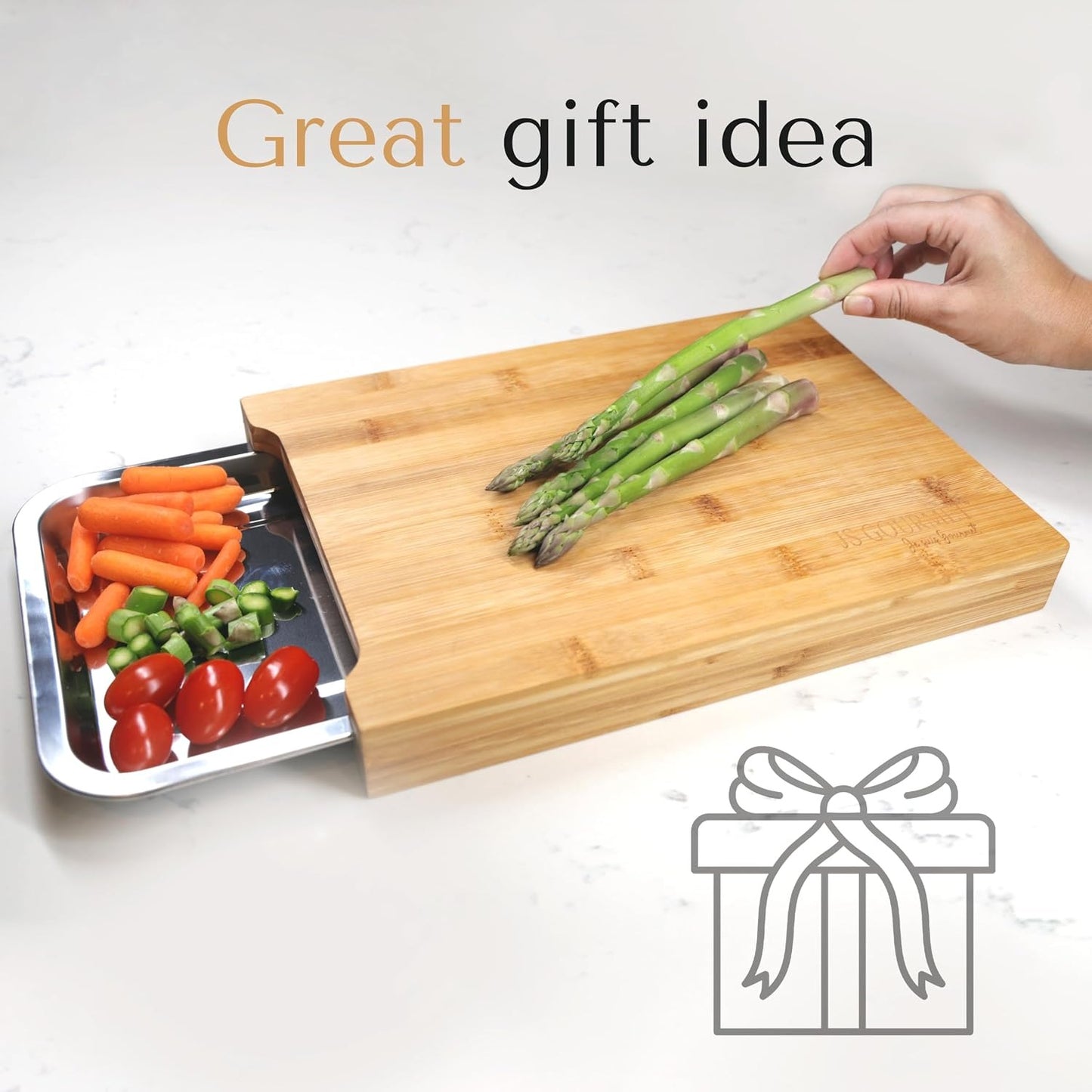 Bamboo Cutting Board with Sliding Stainless Steel Tray – Mess-Free Prep & Serving Board