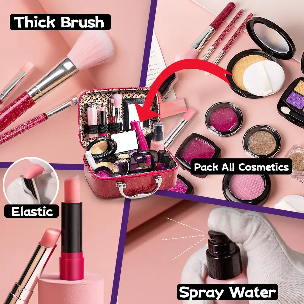 100% Mess-Free Pretend Makeup Set for Toddlers - 21 Pcs Realistic Play Vanity Kit with Soft Brushes & PU Leather Case