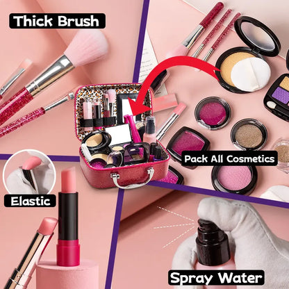 100% Mess-Free Pretend Makeup Set for Toddlers - 21 Pcs Realistic Play Vanity Kit with Soft Brushes & PU Leather Case