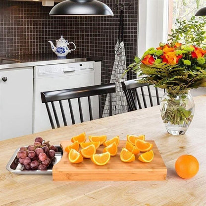 Bamboo Cutting Board with Sliding Stainless Steel Tray – Mess-Free Prep & Serving Board
