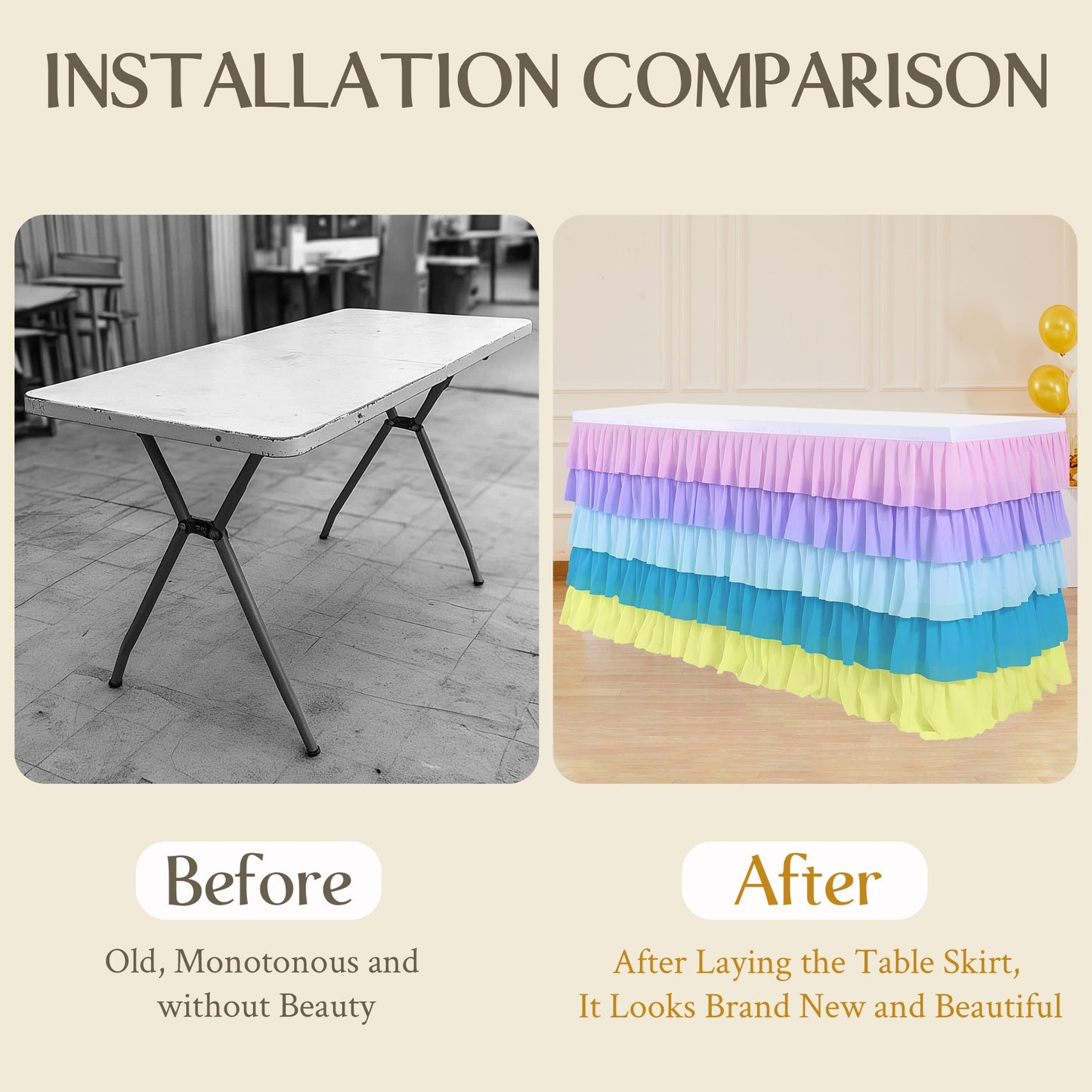 Slip-On Ruffle Table Skirt – No Clips, No Pins, No Hassle
