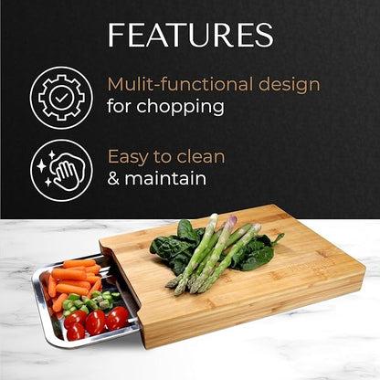 Bamboo Cutting Board with Sliding Stainless Steel Tray – Mess-Free Prep & Serving Board