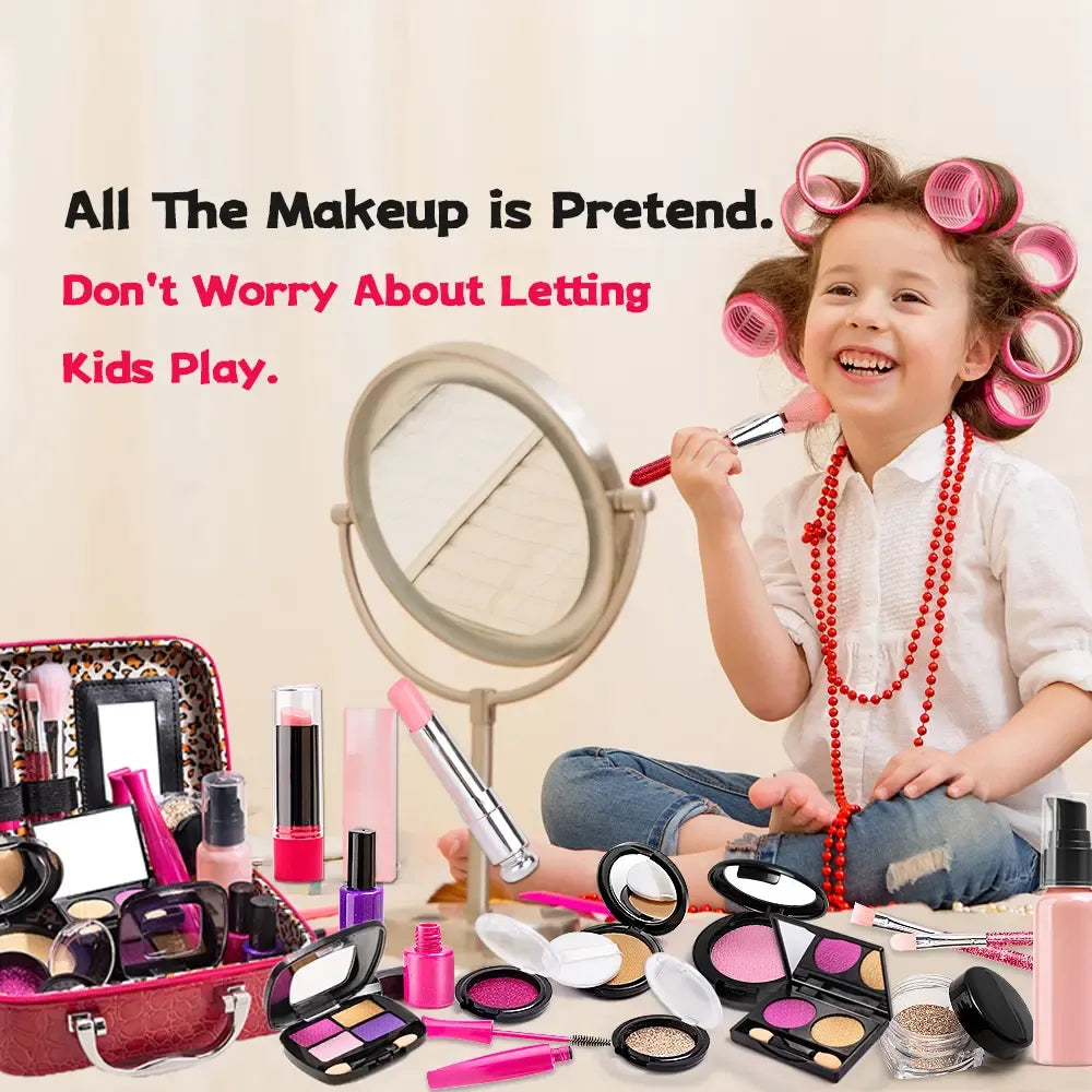 100% Mess-Free Pretend Makeup Set for Toddlers - 21 Pcs Realistic Play Vanity Kit with Soft Brushes & PU Leather Case