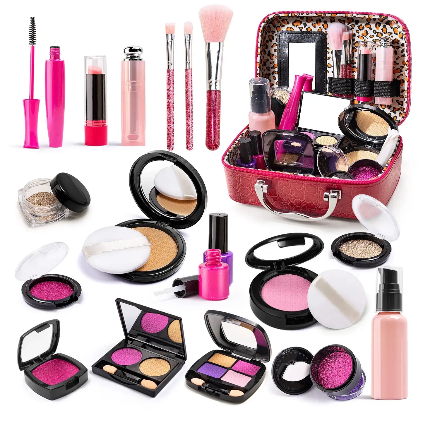 100% Mess-Free Pretend Makeup Set for Toddlers - 21 Pcs Realistic Play Vanity Kit with Soft Brushes & PU Leather Case