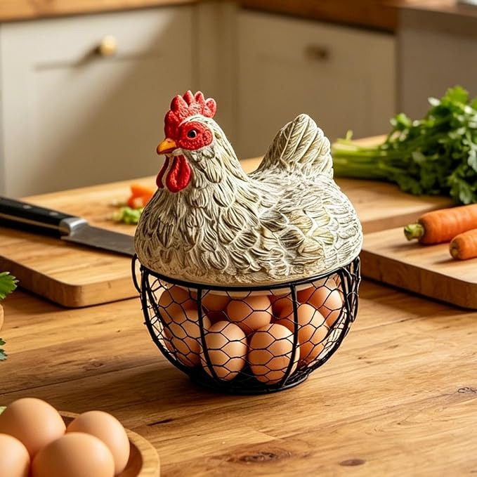 Vintage Rooster Wire Egg Storage Basket