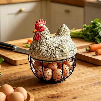 Vintage Rooster Wire Egg Storage Basket