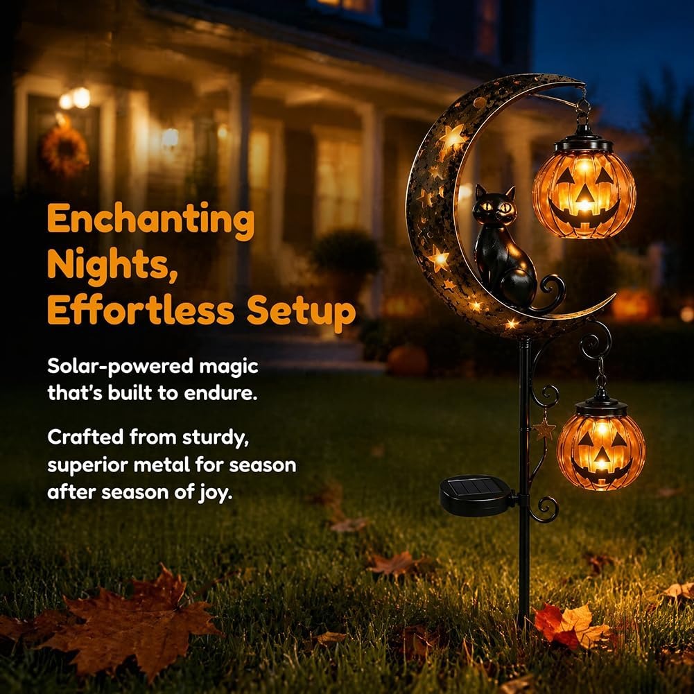 Solar Halloween Cat Garden Stake Lights – Outdoor Pumpkin Moon Yard Decor