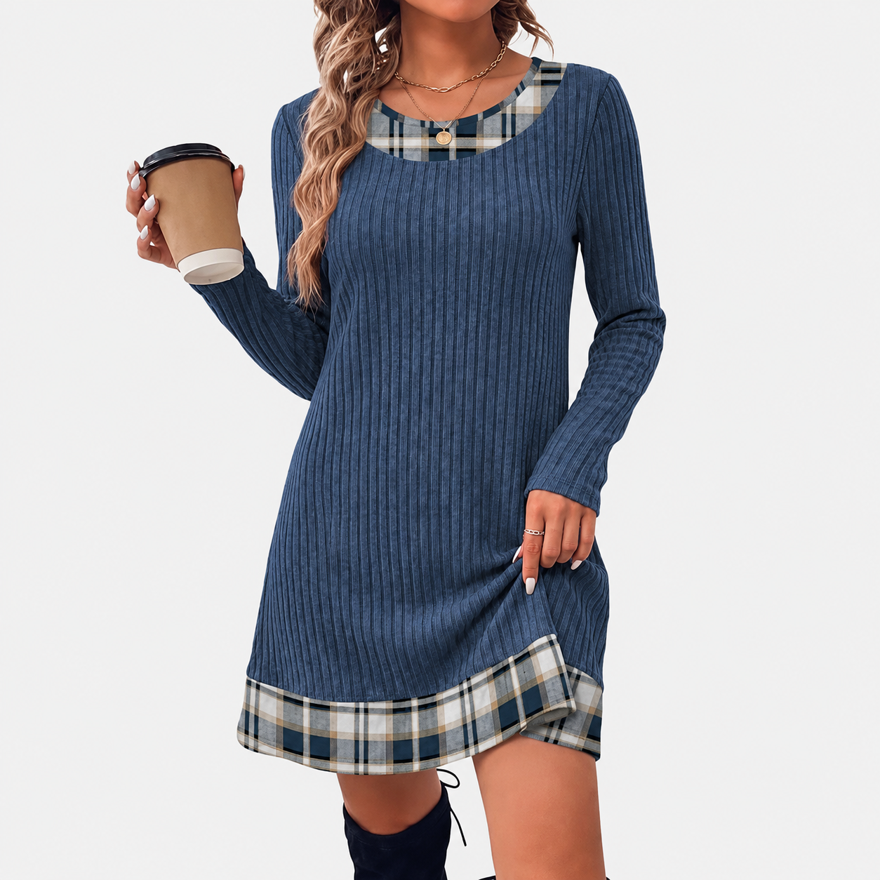 Contrast Plaid Trim Ribbed Knit Sweater Dress | Casual Long Sleeve Fall Mini Dress