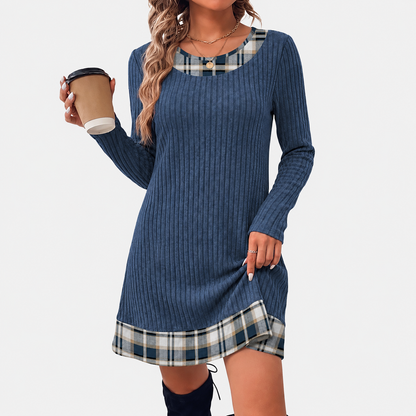 Contrast Plaid Trim Ribbed Knit Sweater Dress | Casual Long Sleeve Fall Mini Dress