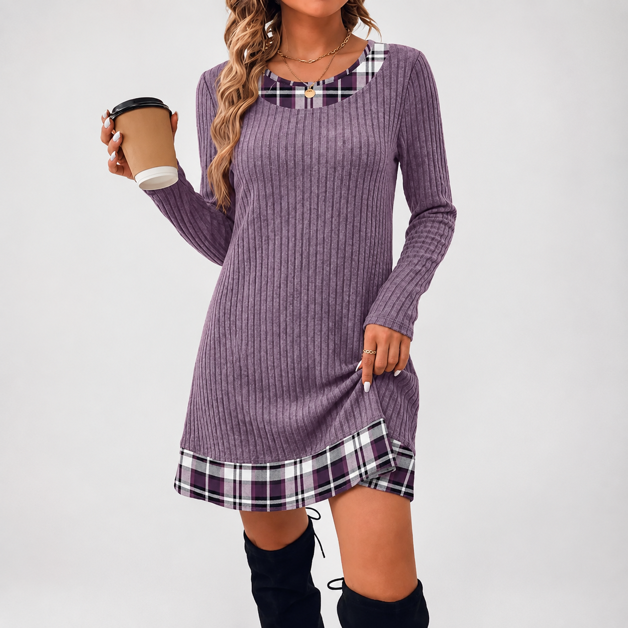 Contrast Plaid Trim Ribbed Knit Sweater Dress | Casual Long Sleeve Fall Mini Dress