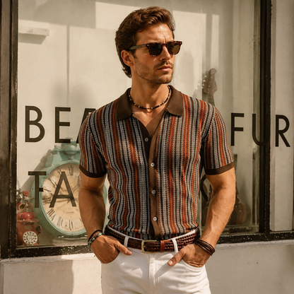 Men’s Vintage Striped Knit Polo Shirt – Retro Button-Front Short Sleeve Top
