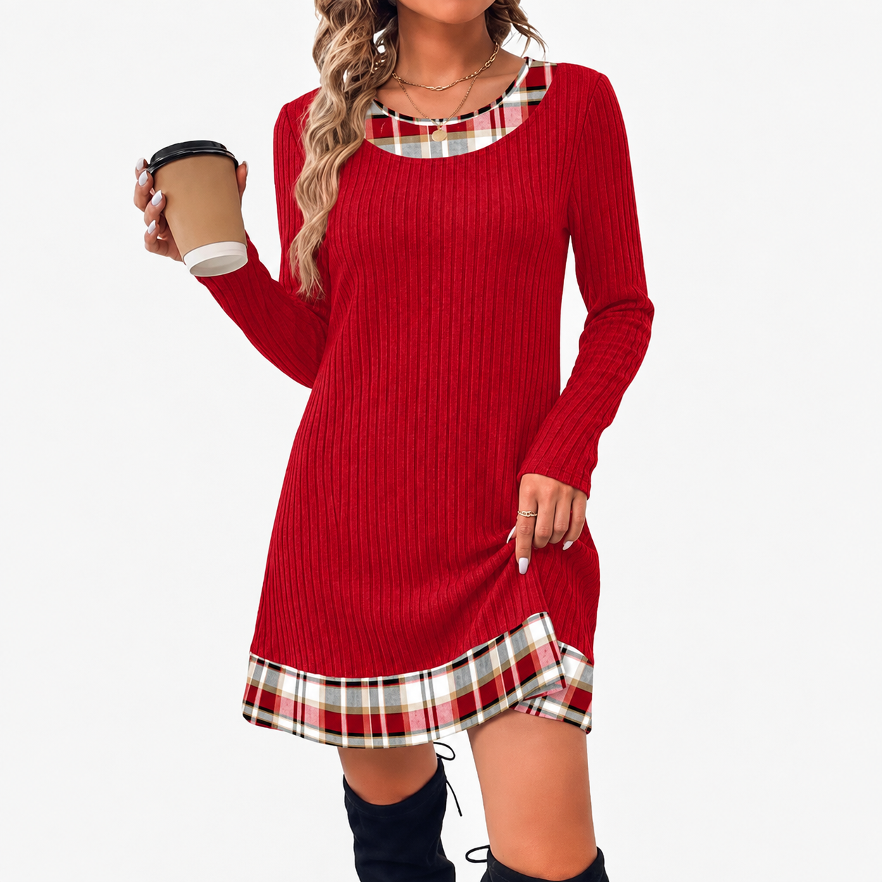 Contrast Plaid Trim Ribbed Knit Sweater Dress | Casual Long Sleeve Fall Mini Dress