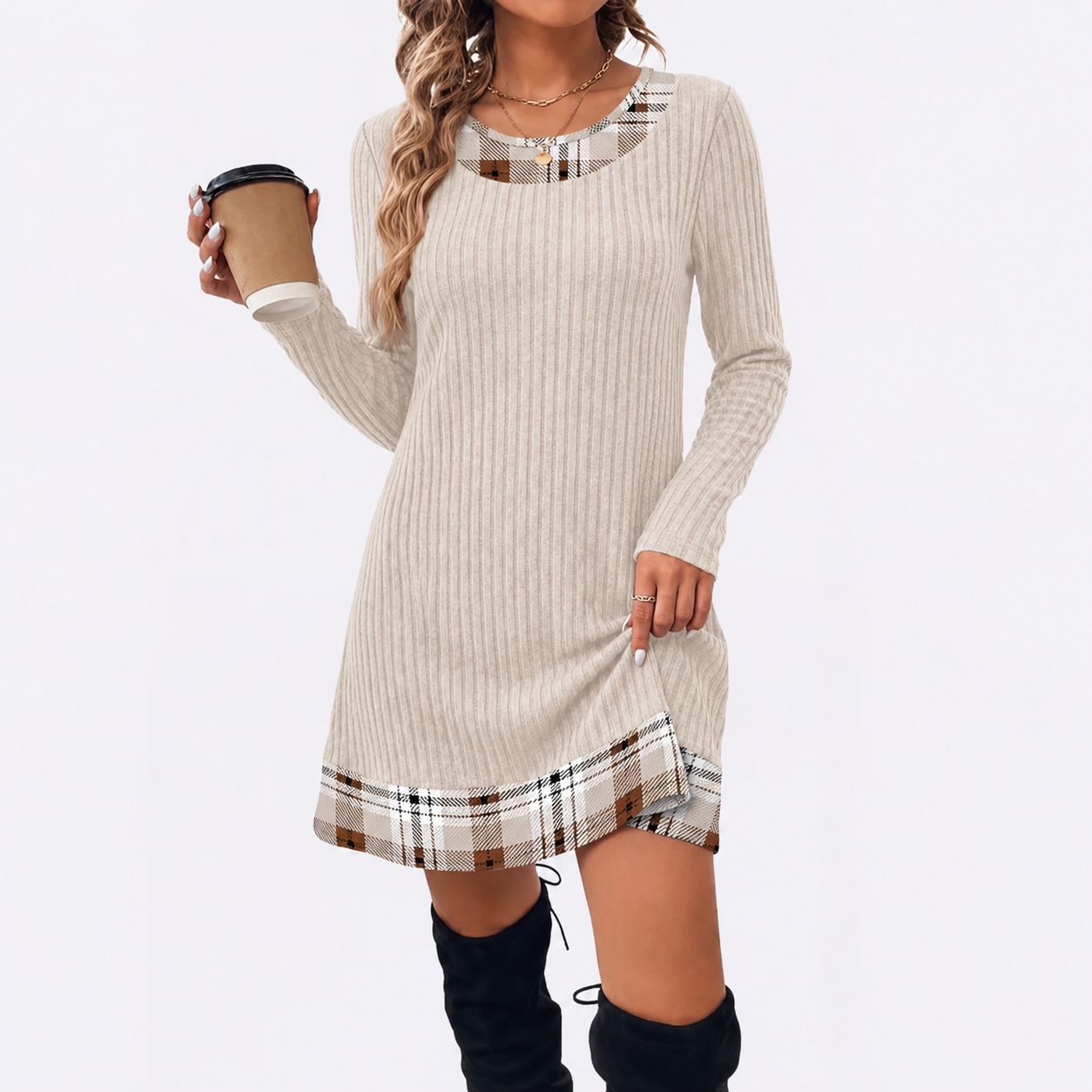 Contrast Plaid Trim Ribbed Knit Sweater Dress | Casual Long Sleeve Fall Mini Dress
