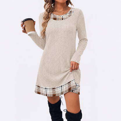 Contrast Plaid Trim Ribbed Knit Sweater Dress | Casual Long Sleeve Fall Mini Dress