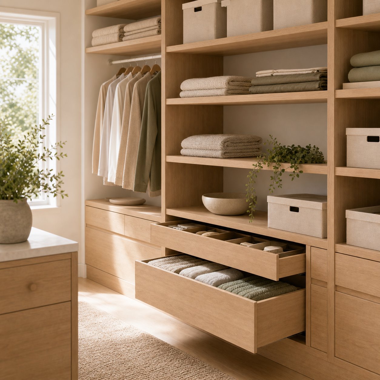 An organized Scandinavian closet with natural storage boxes