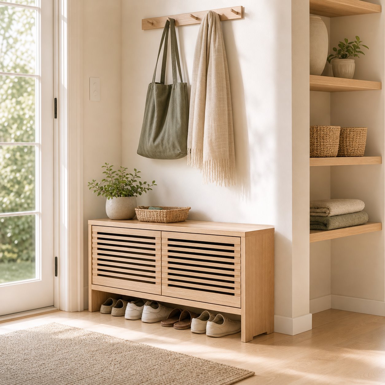 Bright entryway with white oak shoe storage, hooks, and a woven basket