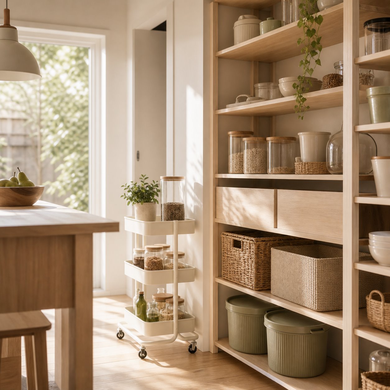 Light Scandinavian pantry with open oak shelves, jars, and woven baskets